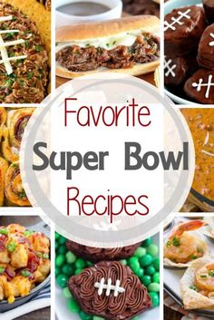 some super bowl food is shown with the words favorite super bowl recipes on top and below