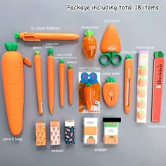 an assortment of toys including carrots and other items