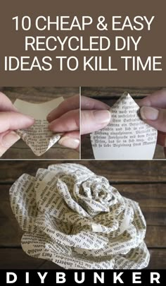 the instructions for how to make an origami flower out of newspaper strips and old book pages