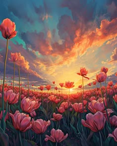 a painting of pink flowers with the sun setting in the sky behind them and clouds