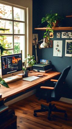 a desk with a computer on top of it next to a window and potted plants