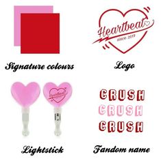 two pink hearts are next to each other with name tags on them and the words signature colours