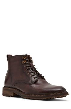 A functional lace-up system offers a customized fit on a sharp leather boot grounded by a sturdy lug sole. Lace-up style Leather upper/textile lining/rubber sole Imported Men’s Dress Boots, Men's Business Casual, Brown Fits, Mens Boots Fashion, Dress Boots, Business Casual Men, Leather Boot, Lug Sole, Dress With Boots