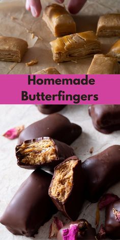 homemade butterfingers cut in half and stacked on top of each other with pink flowers