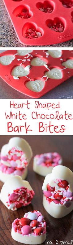 heart shaped white chocolate bark bites with pink and red sprinkles