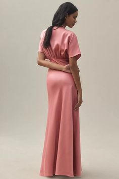 BHLDN Leila is a chic satin dress with a deep V neckline + flutter sleeves. This style is on sale and is not available in-store. Minor wear and tear may be present. Condition may vary per gown. All sales are final. Dress Preservation, Wedding Dress Preservation, Sparkly Wedding Dress, Draped Bodice, Dresses By Color, Anthropologie Wedding, Pink Wedding Dresses, Wedding Dresses With Flowers, Column Gown