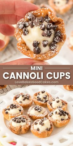 mini cannoli cups on a white plate with chocolate chips and cream in the middle