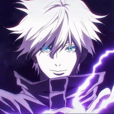 an anime character with white hair and blue eyes holding his hand up to the camera