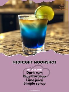 a blue curaco cocktail with a lime slice on the rim and text midnight moon shot