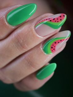 Watermelon Nail Watermelon Inspired Nails, Neon Watermelon Nails, Fun Nails Summer, Almond Summer Nail Ideas, Melon Nails, Bright Nail Ideas, Summer Vacation Nails