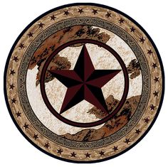 a red and black star is in the center of a circular rug with stars on it