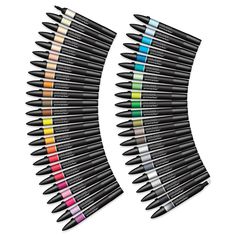 several different colored markers are lined up on a white background with the words, color pencils