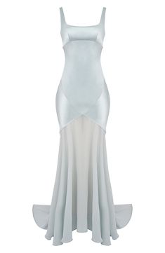 Bring sultry elegance to your next special event in this romantic gown that's made in panels of lustrous satin with sculptural seams that enhance your figure. The asymmetric skirt is made from floaty, sheer chiffon that flows into a dramatic sweeping train. Exclusive retailer Hidden back-zip closure Square neck Sleeveless Lined 75% acetate, 25% polyester with 100% polyester contrast Dry clean Imported Fitted Pre-draped Organza Evening Dress, Fitted Satin Finish Pre-draped Maxi Dress, Silk Evening Dress With Sheer Fitted Bodice, Fitted Satin Finish Pre-draped Gown, Glamorous Satin Finish Floor-length Gown, Gala Gown With Sheer Bodice And Silk Material, Silk Gown With Sheer Bodice For Gala, Fitted Satin Gown With Bias Cut, Evening Satin Dress With Boned Bodice