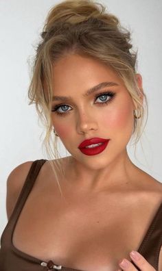 Neutral Red Lip Makeup, Red Lipstick Blonde Hair Blue Eyes, Blonde Red Lips Makeup, Red Lips For Blondes, Bridal Makeup Red Lips Blonde Hair, Brown Dress Red Lipstick, Makeup Ideas Prom Red Dress, Red Lipstick Makeup Blonde Hair, Wedding Makeup Red Lips Blonde