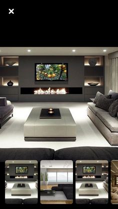 a living room with couches and a flat screen tv on the wall above it