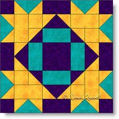 an abstract quilt design in blue, yellow and purple