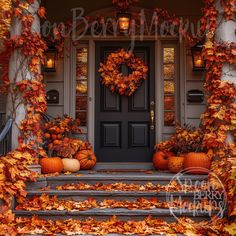 a front porch decorated with fall leaves and pumpkins