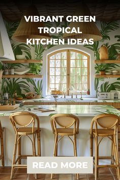 Tropical-themed kitchen with lush green plant wallpaper, wooden bar stools, and a large window.