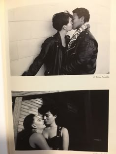 two black and white photos of people kissing each other