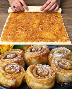 two pictures with different types of pastries on the same plate and one is being rolled up