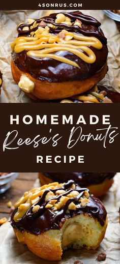 homemade reese's donuts recipe with chocolate frosting and caramel drizzle