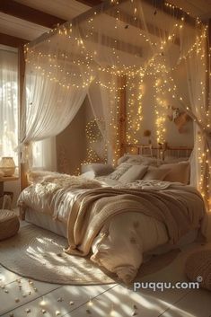 a bedroom with lights strung from the ceiling