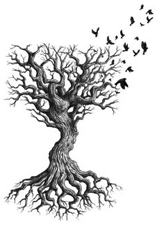 a drawing of a tree with birds flying around it and the branches have been turned upside down