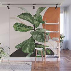 a green tropical wall mural with palm leaves