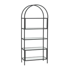 a black metal shelf with glass shelves on each side and an arched design at the top