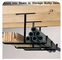 there is a rack with many items on it and the words mount into beam to storage bulk items