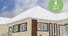 a drawing of a house with snow falling on the roof and stairs leading up to it