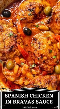 spanish chicken in brava's sauce with text overlay