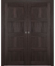 two wooden doors with metal handles and glass panels on each side, both in dark wood