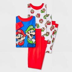 Your kid will be ready to explore the Mushroom Kingdom in their dreams wearing the pieces from the 4-Piece Super Mario Long-Sleeve Cotton Snug-Fit Pajama Set. This set includes two pairs of PJs, with each piece crafted from 100% cotton with ribbed cuffs and ankles for all-night cozy comfort. One pair includes a long-sleeve sleep tee with a Mario and Luigi graphic and red pajama pants, while the other set has a long-sleeve tee and pajama pants that both feature allover Mario and Luigi graphics fo Family Matching Red Sleep Sets, Family Matching Sleep Sets In Red, Red Family Matching Bedtime Sets, Playful Red Sleep Sets, Red Playful Sleepwear Sets, Playful Red Sleepwear Sets, Cotton Sleepover Sets With Character Print, Playful Red Loungewear Sets, Red Cartoon Print Sleepwear For Sleepover