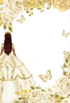 a woman in a white dress is surrounded by flowers and butterflies