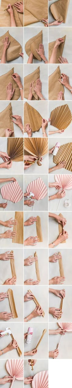 several pictures of different shapes and sizes of paper fans with hands holding them up to the sides