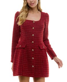 in stock Red Tweed Outfit, Tweed Dress Outfit, Red Tweed Dress, Plaid Christmas Dress, Tweed Fashion, Red Clothes, Christmas Dress Women, Square Neck Long Sleeve, Women Dresses Classy