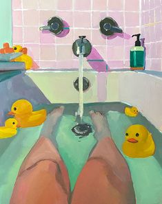 a painting of someone's feet in the bathtub with rubber ducky ducks