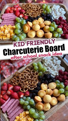 two trays filled with different types of snacks and fruit on top of each other