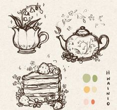 a drawing of teapots, cake and flowers