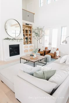 a living room filled with furniture and a fire place in the middle of a room