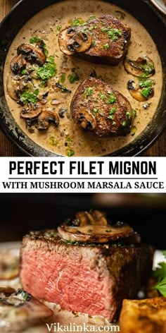 steak with mushrooms and mushroom sauce in a skillet