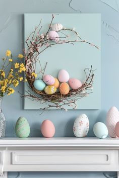 some eggs are sitting in a nest on a mantle