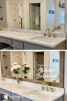 before and after photos of a bathroom remodel with marble countertops, gold faucets, white cabinets