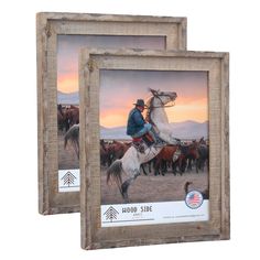 two wooden frames with an image of a cowboy on a horse and other horses in the background