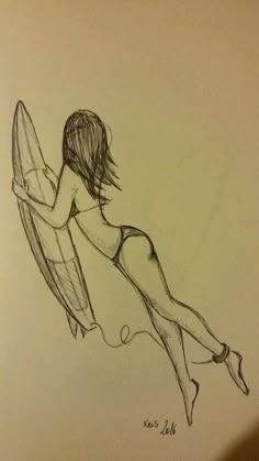 a pencil drawing of a woman sitting on a surfboard with her legs spread out