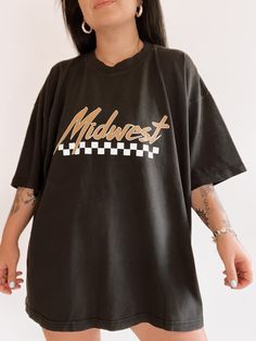 Midwest Checkered Graphic Tee Shirt Grunge Hippie, Photo Edits, Oversized Graphic Tee, Graphic Tee Design, Comfort Colors Tee, Graphic Tee Shirts, Tee Design, Jacket Tops, Black Tee