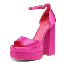 Summer Block Heels For Night Out, 4-inch Heel, Pink Block Heels For Summer Party, Hot Pink Platform Heels, Hot Pink Dress Outfit, Pink Chunky Heels, Hot Pink High Heels, Pink Dress Outfits, Dress Reference, Pink Platform Heels