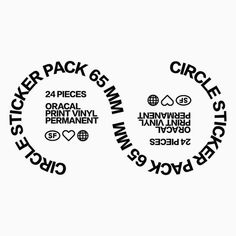 two circles that have different types of stickers on them, all in black and white