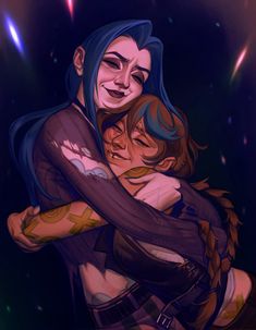 two people hugging each other in the middle of a dark room with stars and lights behind them